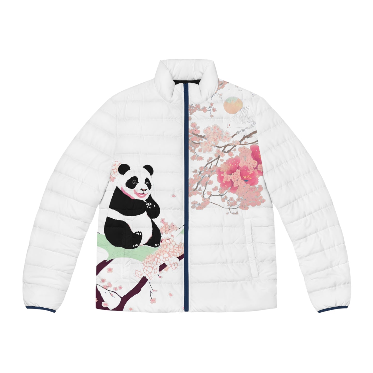 Minimalist Panda On A Cherry Blossom Tree White Background Puffer Jacket (AOP)