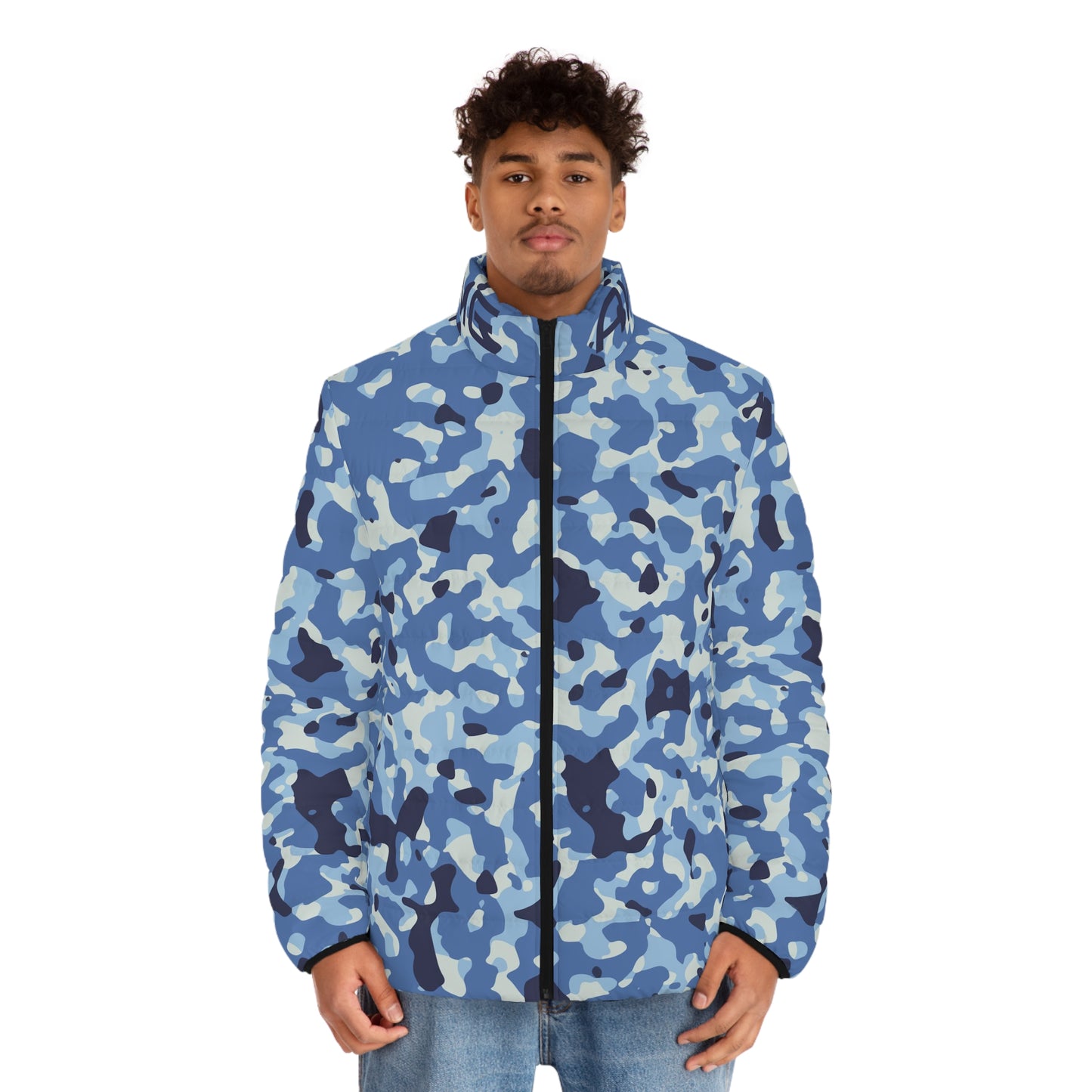 Bright Navy Military Camo Puffer Jacket (AOP)