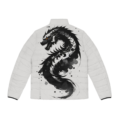 Black & White Golden Eye Dragon Puffer Jacket (AOP)