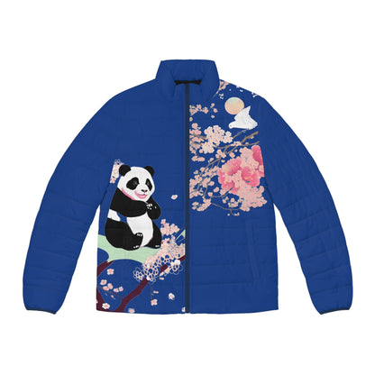 Minimalist Panda On A Cherry Blossom Tree Blue Background Puffer Jacket (AOP)